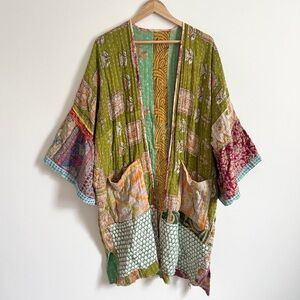 Rahab’s Rope Kantha Patchwork Floral Open Cardigan Duster Kimono Cotton One Size